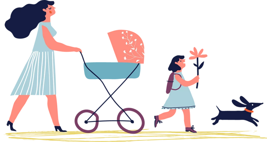 Illustration of a mother pushing a baby carriage, walking behind a little girl holding a flower and a dog running ahead