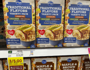 Instant oatmeal packets on sale for 3 for $5, highlighting an affordable donation option for the Food for Thought food drive.