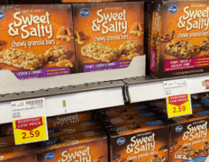 Box of six granola bars priced at $2.59, displayed as a nutritious and budget-friendly item for donation bags.