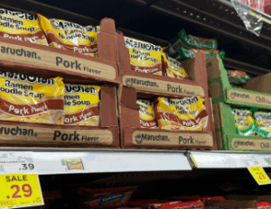 Individual ramen noodle packs priced at 29 cents each, showing a lightweight and easy-to-pack food item for donations.